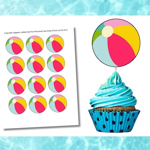 Beach Ball Cupcake Toppers - Beach Ball Pool Topper -Beach Ball Pool Party Birthday-Summer - Beach  - Splish Splash -Summer Cupcake Toppers