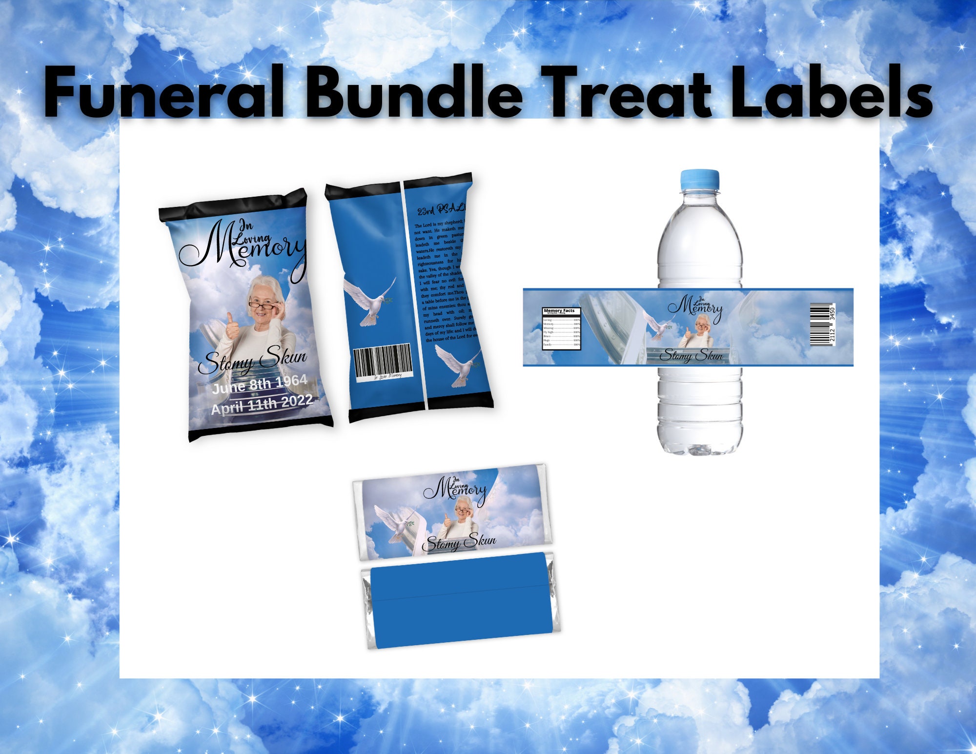 Funeral Bundle Treat Labels , Funeral Chip Bag, Water Bottle Labels & Candy Bar Wrappers ,In Loving Memory Memorial Favor, Funeral