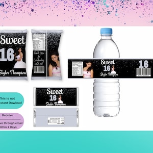 Sweet Sixteen  Party Bundle- Sweet Sixteen  Chip Bag- Sweet Sixteen  Wrappers - Sweet Sixteen  Water -16th Party Favors -16th Treat Bag