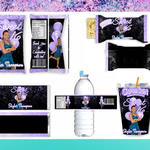 Paquete de dulces para 16 años - Bolsa de papas fritas - Envoltorios - Etiquetas de agua - Recuerdos - Fiesta de dieciséis años en morado