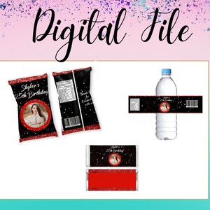 Birthday Party Template Bundle, Glitter Drip Happy Birthday Chip Bag, Water Bottle Labels And Candy Bar Wrapper, Adult Treat Labels