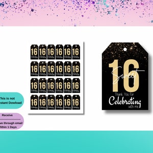 Sweet Sixteen  Tag- Sweet Sixteen  Thank you tag - Sweet Sixteen  Gold - Sweet Sixteen  labels-16th Party Favors -16th Treat Bag