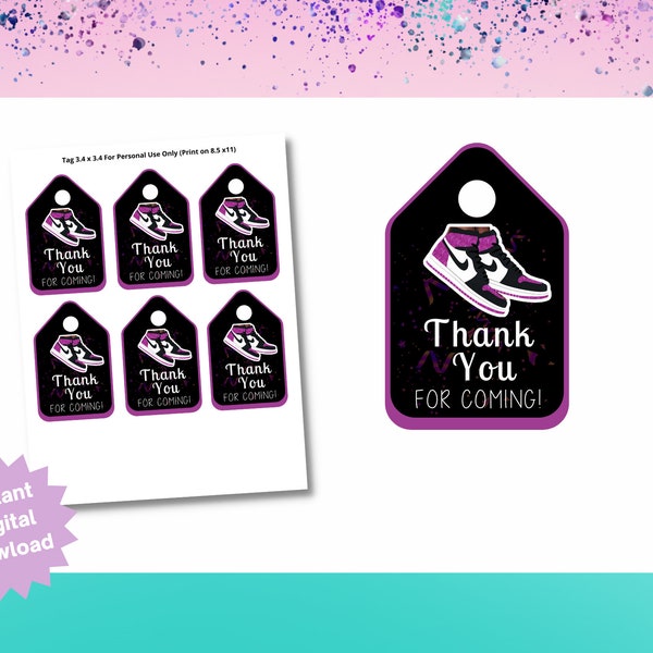 Sneaker Ball Tag | Sneaker Ball Purple| Sneaker Birthday Party | Birthday Party Favors | Sweets 16 Thanks Card | Tag Sneaker Glitter |