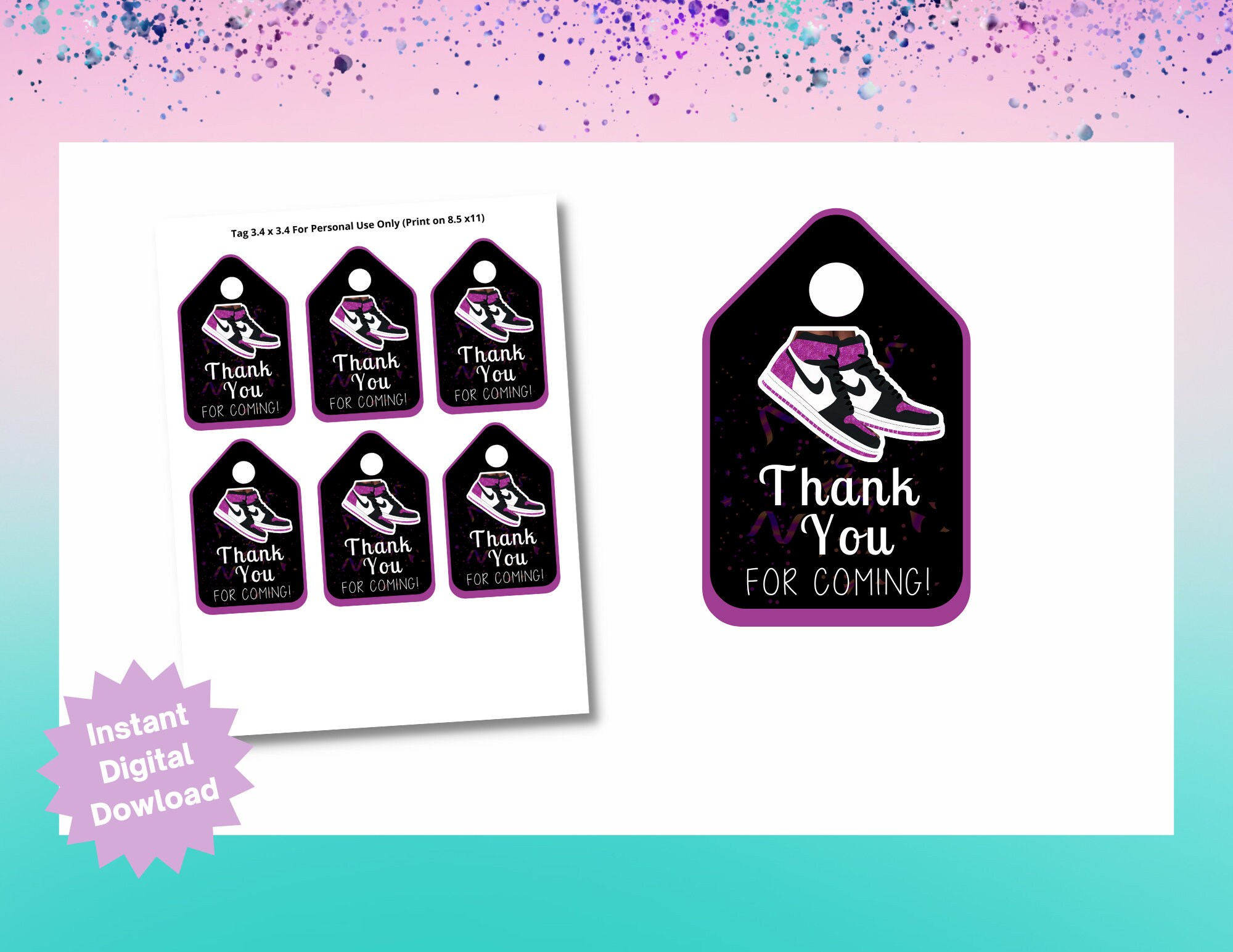 Sneaker Ball Tag | Sneaker Ball Purple| Sneaker Birthday Party | Birthday Party Favors | Sweets 16 Thanks Card | Tag Sneaker Glitter |