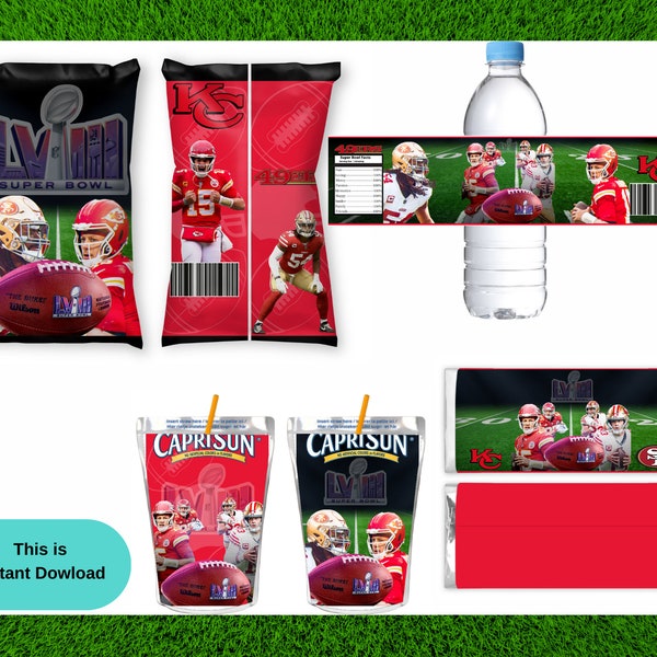 Super Bowl 2024 Bundle Treat| KC l Go San Francisco Football | Chiefs go| Kansas City Chip Bag | Wrappers- Water Labels - Juice Pounch