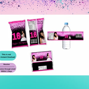 Sweet 16 BUNDLE Treat-Sweet 16 Chip Bag-Sweet 16 Wrappers - Sweet 16 Water Labels-Sweet Sixteen Party Favors Pink