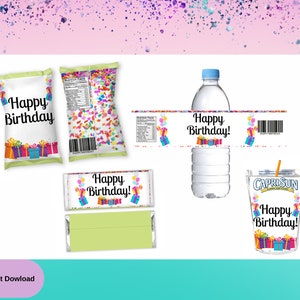 Happy Birthday Party Bundle Treat-Birthday Party -Happy Birthday   Favors-Birthday- Chip Bag Birthday - Birthday  Wrappers - Birthday  Water