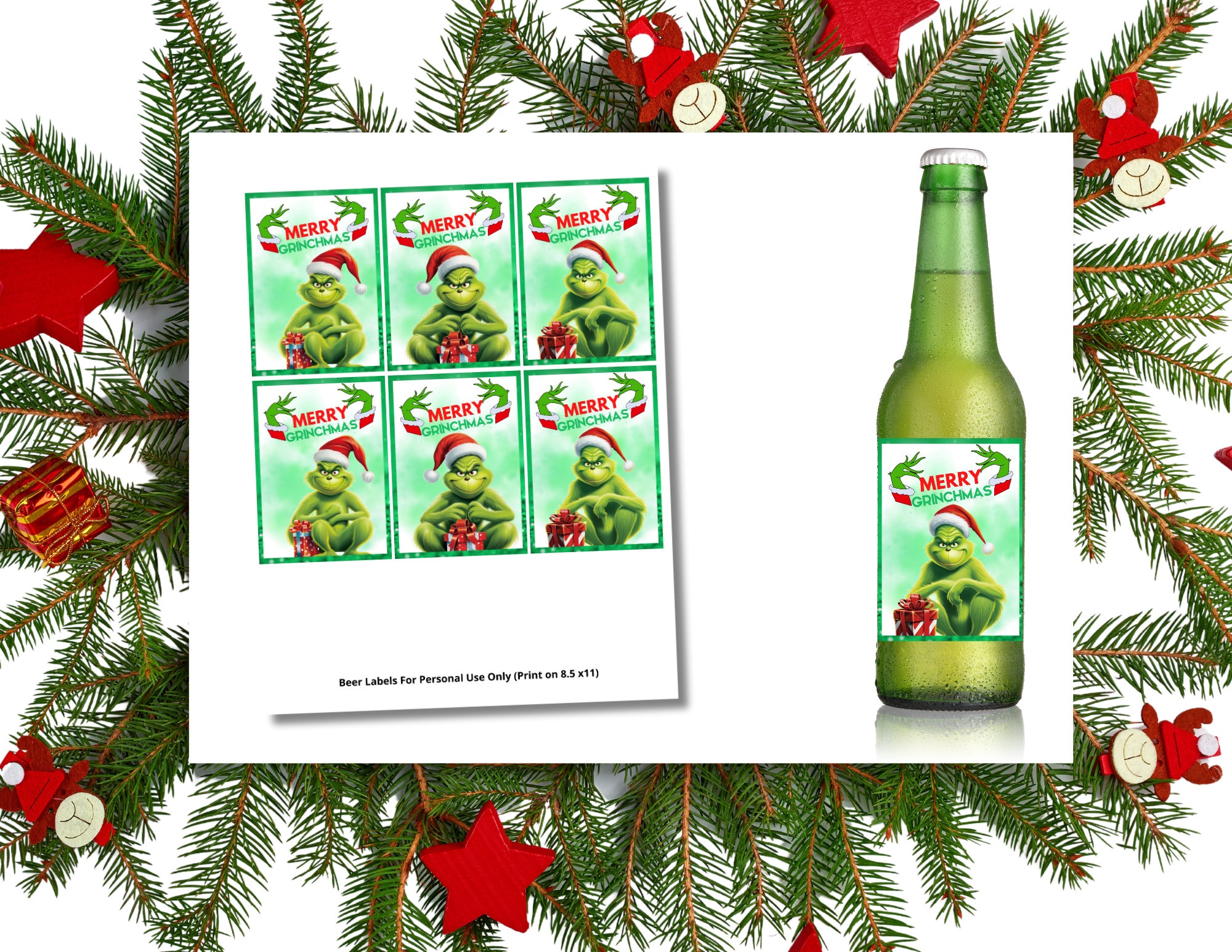 Grinch Christmas Decorations, 48Pcs Christmas Wine Bottle Label Stickers,  Grinch Party Decor Supplies, Funny Waterproof Wine Bottle Cover, Novelty