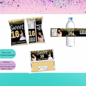 Sweet 16 BUNDLE Treat-Sweet 16 Chip Bag-Sweet 16 Wrappers - Sweet 16 Water Labels-Sweet Sixteen Party Favors Gold