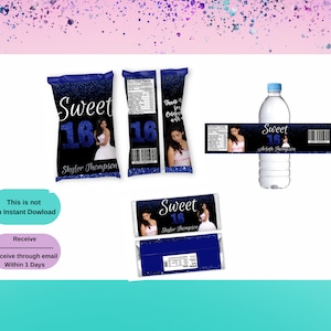 Sweet 16 BUNDLE Treat-Sweet 16 Chip Bag-Sweet 16 Wrappers - Sweet 16 Water Labels-Sweet Sixteen Party Favors Blue