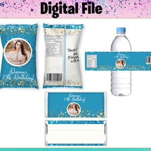 Custom Glitter Chip Bag, Candy Bar ,Water Label – Birthday Party Favor – I Personalize It With Your Photo Name, Glitter Favors