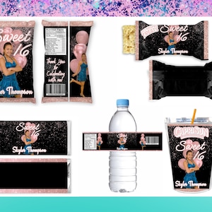 Paquete de dulces para 16 años - Bolsa de papas fritas - Envoltorios - Etiquetas de agua - Recuerdos - Fiesta de dieciséis en oro rosa