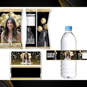 Trunk Party 2025 Bundle - Graduation Party-College Bound Treat- Chip Bag Trunk Party-Trunk Party Wrappers - Trunk Party Water-Gold Labels
