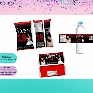 Sweet 16 BUNDLE Treat-Sweet 16 Chip Bag-Sweet 16 Wrappers - Sweet 16 Water Labels-Sweet Sixteen Party Favors Red