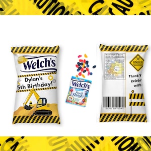 Collations aux fruits de la construction | Étiquettes de construction | Fête d’anniversaire de la construction | La fête d’anniversaire favorise | Construction Welchs Labels |