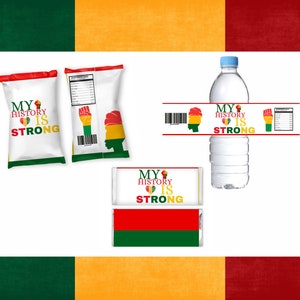 Puede incluir: Embalaje blanco con el texto "MY HISTORY IS STRONG" en rojo, amarillo y verde. La imagen incluye una botella de agua con una etiqueta, una tableta de chocolate y dos bolsas de patatas fritas, todas con el mismo diseño. El diseño presenta un puño y una silueta.