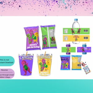 Barney  Bundle Treat | Pooh Party  | Kids Birthday Party | Barney Party Favors | Barnie Bubble Botler | Barney  inspired- Chip Bag - Water