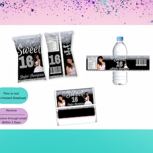 Sweet 16 BUNDLE Treat-Sweet 16 Chip Bag-Sweet 16 Wrappers - Sweet 16 Water Labels-Sweet Sixteen Party Favors Silver