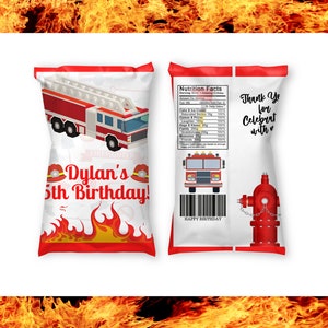Firefighter Chip Bag | Firetruck Labels  Firetruck Birthday Party | Birthday Party Favors | Firetruck Chip Bag Labels | Fireman Party
