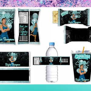 Sweet 16 Leckerli-Bundle - Sweet 16 Chips-Tüte - Sweet 16 Wrapper- Sweet 16 Wasseretiketten - Sweet 16 Gastgeschenke - Sweet Sixteen Party Grün