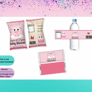 Eule Baby Shower Bundle Leckerli | Baby Shower Chip Tasche | Babyparty Party | Baby Shower Candy Bar | Baby Shower Gastgeschenke | Wasseretiketten