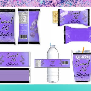 Paquete de dulces para 16 años - Bolsa de papas fritas - Envoltorios - Etiquetas de agua - Recuerdos - Fiesta de dieciséis años en morado