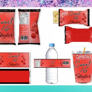 Sweet 16 Leckerli-Bundle - Sweet 16 Chips-Tüte - Sweet 16 Wrapper- Sweet 16 Wasseretiketten - Sweet 16 Gastgeschenke - Sweet Sixteen Party Rot
