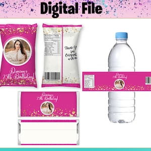 Custom Glitter Chip Bag, Candy Bar ,Water Label – Birthday Party Favor – I Personalize It With Your Photo Name, Glitter Favors