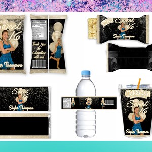 Sweet 16 Leckerli-Bundle - Sweet 16 Chips-Tüte - Sweet 16 Wrapper-Sweet 16 Water Labels- Sweet 16 Gastgeschenke- Sweet Sixteen Party Gold