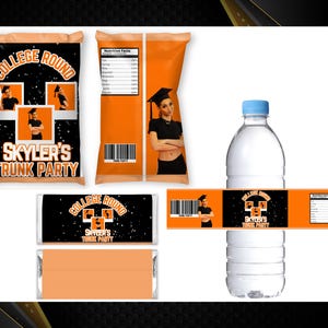 Trunk Party 2025 Bundle - Graduation Party-College Bound Treat- Chip Bag Trunk Party-Trunk Party Wrappers - Trunk Party Water-Orange Labels