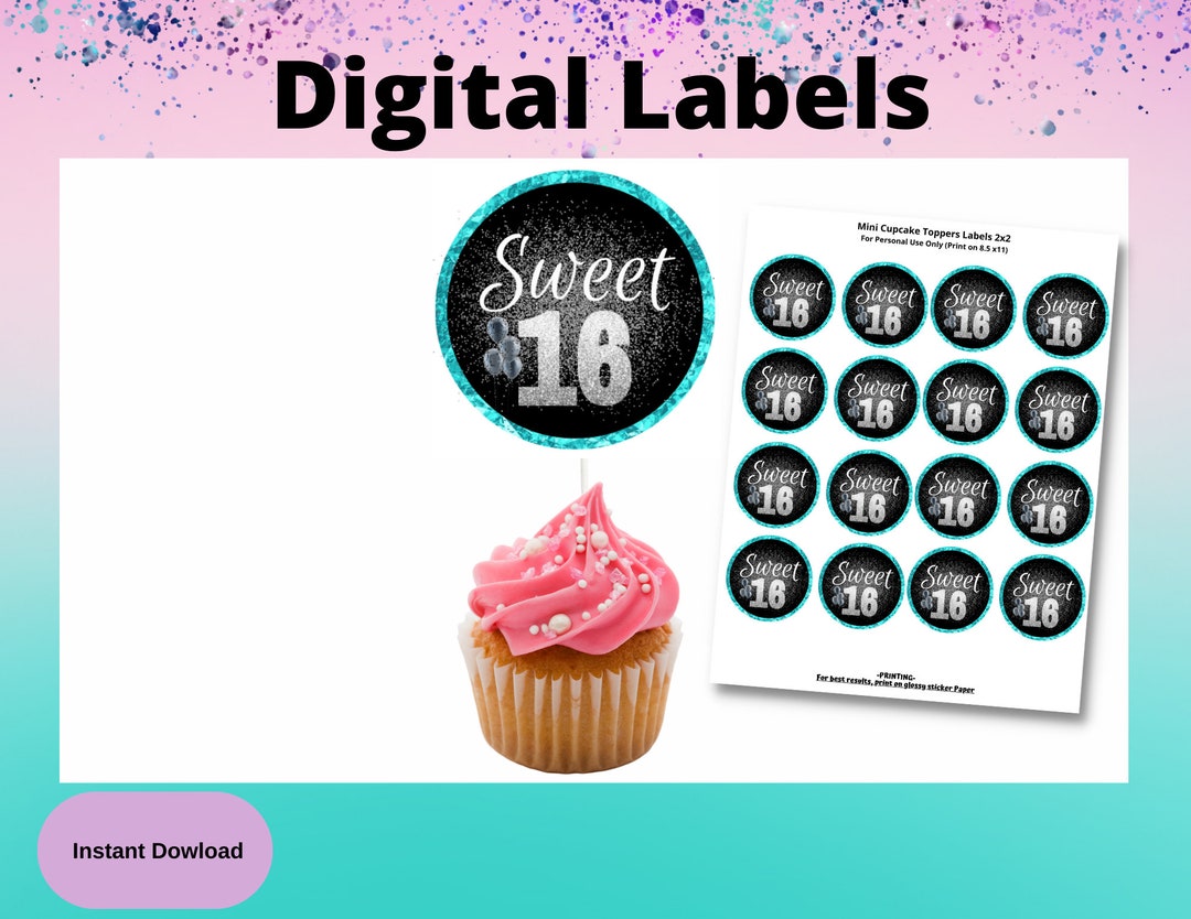Mini Cupcake Sweets 16 Labels - Cupcake 16th Birthday -sweets 16 Teal ...