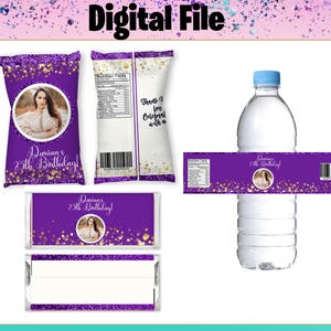 Custom Glitter Chip Bag, Candy Bar ,Water Label – Purple & Gold Birthday Party Favor – I Personalize It With Your Photo Name, Glitter Favors