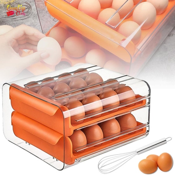 Refrigerator Clear Plastic 32-Slot Egg Holder Bin Tray Refrigerator Egg Bin Egg Bed Tray Stackable Shelf Display Holder for Kitchen