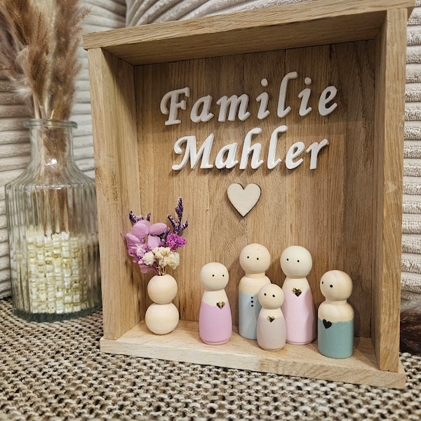 Holzrahmen Familie personalisiert mit PLA Schriftzug Familienname, sowie Holzfiguren