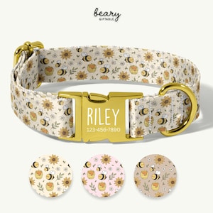 May include: A beige dog collar with a bee and sunflower pattern. The collar has a gold-colored buckle and a metal loop. The name "Riley" and a phone number are printed on the buckle. Three circular designs with bee and flower patterns are at the bottom.