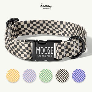May include: A dog collar with a black and beige checkered pattern. The collar has a black buckle and a black metal D-ring. The name "MOOSE" and a phone number are printed on the buckle. The image also shows four additional collar color options.