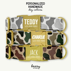 May include: Three personalized handmade dog collars with camouflage patterns in gray, green, and brown. Each collar features a gold-colored buckle with a dog's name and phone number. The text "PERSONALIZED HANDMADE dog collars" is at the top.