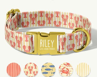 Lobster Dog Collar, Custom Dog Collar with Name, Summer Dog Collar, Yellow Collar and Leash Set, Beach Dog Collar BEG029