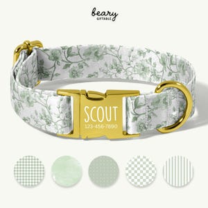 May include: A white dog collar with a floral pattern in shades of green. The collar has a gold-colored buckle with the name "SCOUT" and a phone number. The image also shows five different pattern samples in green.