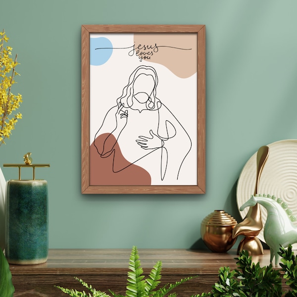 Image de Jésus Christ style line art, Décoration pour Noël et Pâques, Cadeau de baptême, Art mural téléchargeable de Jésus, Objet religieux