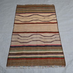 Stunning Striped Design Flatweave Kilim Rug - Afghan Handwoven 2'11 x 4'11 ft Wool Kilim Rug - Kidsroom, Entryway Rug - Brownish White Kilim