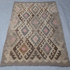 Hand-Woven Maimana Area Kilim Rug - Afghan Reversible 3'3 x 4'11 ft Anatolian Design Kilim - Natural Dyed And Wool On Wool Rug - Kitchen Rug