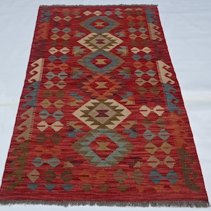 Reddish Blue Hand-woven Maimana Kilim - 2'11 x 4'9 Ft Afghan Reversible Area Kilim Rug - Rug For Kitchen, Kidsroom - Vege Dyed Wool Kilim