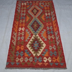 Afghan Fine Reddish Geometric Kilim - 2'10 x 5'0 ft Maimana Area Kilim - Vege Dyed Wool Kilim -Kidsroom, Kitchen Rug - 3x5 Traditional Kilim