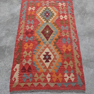 Beautiful Flatweave Rusty Red Wool Kilim - 4&#39;11 x 2&#39;8 ft Afghan Handwoven Maimana Area Kilim Rug - Kitchen, Kidsroom Kilim Rug - 5 x 3 Kilim