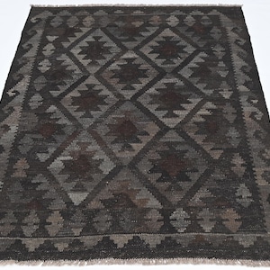 Black Over Dyed Maimana Kilim Rug - Flatweave 3'4 x 4'9 Feet Anatolian Design Kilim - Afghan Traditional Kilim - Rug For Kidsroom, Kitchen