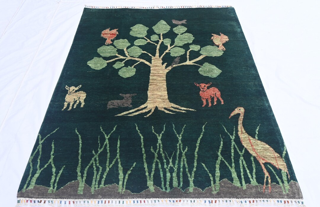 5'0 X 6'7 Ft Greenish Tree of Life Design Area Rug Afghan Hand Knotted ...