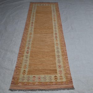 2&#39;7 x 8&#39;4 ft Runner Kilim Rug - Afghan Handwoven Orange Maimana Kilim - Vege Dyed Wool Kilim - Rug For Hallway, Stairway - 255 x 78 cm Kilim
