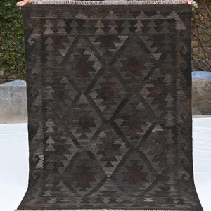 Over Dyed Black Maimana Kilim Rug - 3'4 x 4'9 ft ( 100x145 cm ) Handwoven Reversible Kilim - Afghan Geometric Kilim - Kidsroom, Kitchen Rug