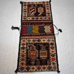 Afghan Handwoven Tribal Saddle Bag- 1&#39;4 x 3&#39;4 ft High Pile Wool Saddle Bag - Blackish White Turkmen Design Horse Saddle Bag Rug - Saddle Bag